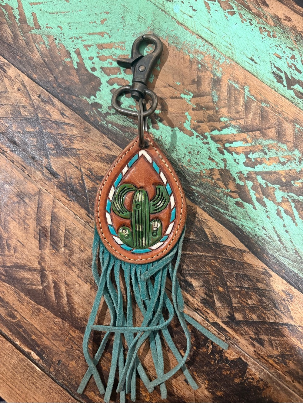 Teardrop Leather Cactus Keychain with Teal Fringe